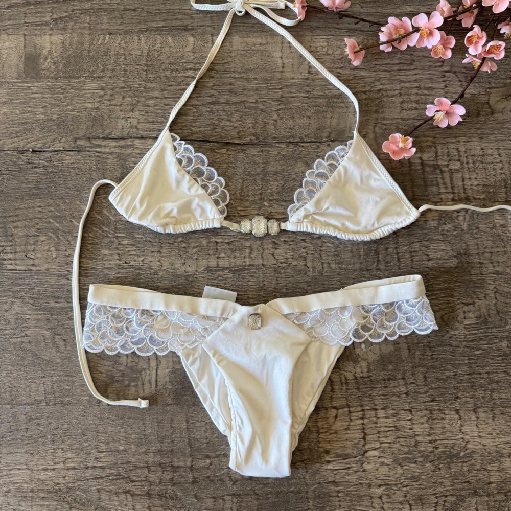 Vintage Beach Bunny Honey Moon Bikini Set Cream Lace Ruched Y2K Bridal Medium